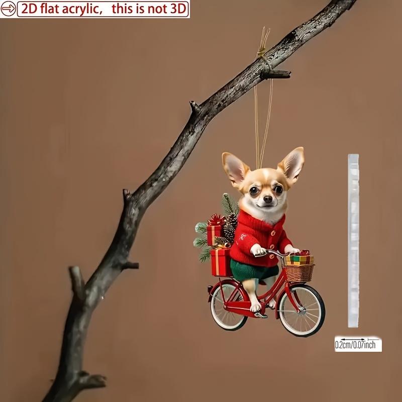 2D Flat Acrylic Chihuahua Riding Bicycle Christmas Ornament - Festive Starry Background Holiday Decor & Keychain