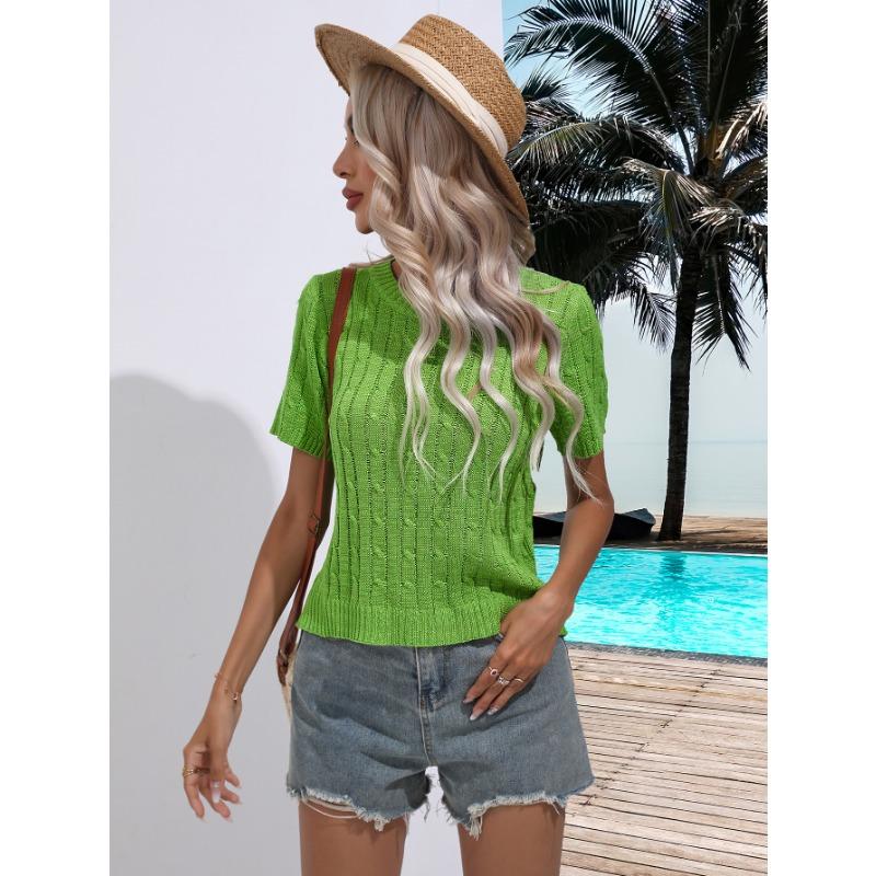 Women's Twist Short Sleeve Pullover Knit Sweater Spring and Summer Round Neck Solid Colour Knitwear