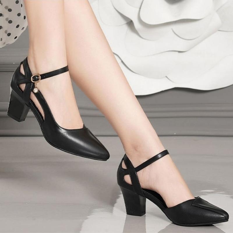 Однотонные сандалии с пряжкой, летние женские студенческие универсальные сандалии в стиле феи, Baotou, женские туфли на высоком каблуке с неглубоким носком