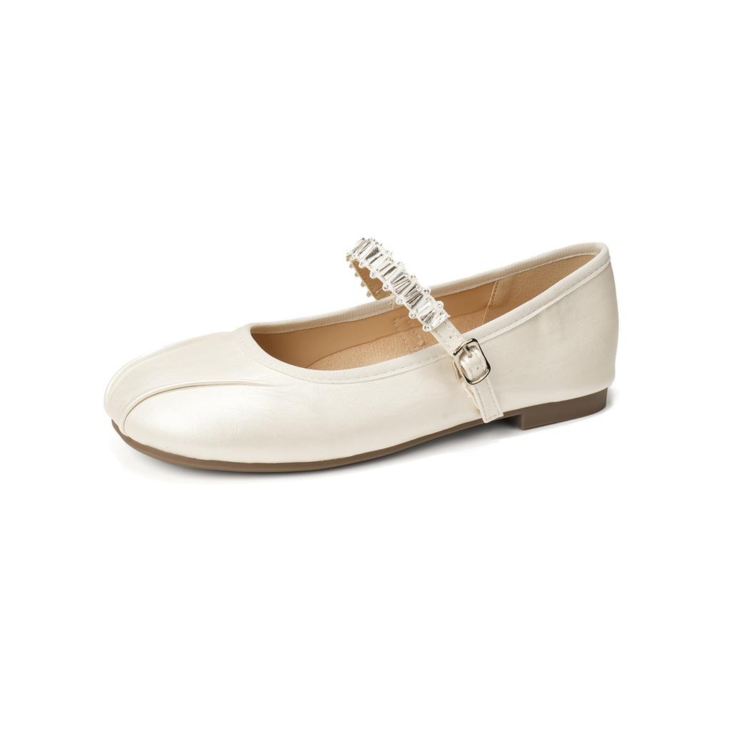 Французские туфли-балетки с круглым носком, плиссированным верхом, неглубоким вырезом, универсальной плоской подошвой, повседневные, темпераментные, балетного стиля, фэн-шуй, с отделкой стразами, ремешком с пряжкой Мэри Джейн