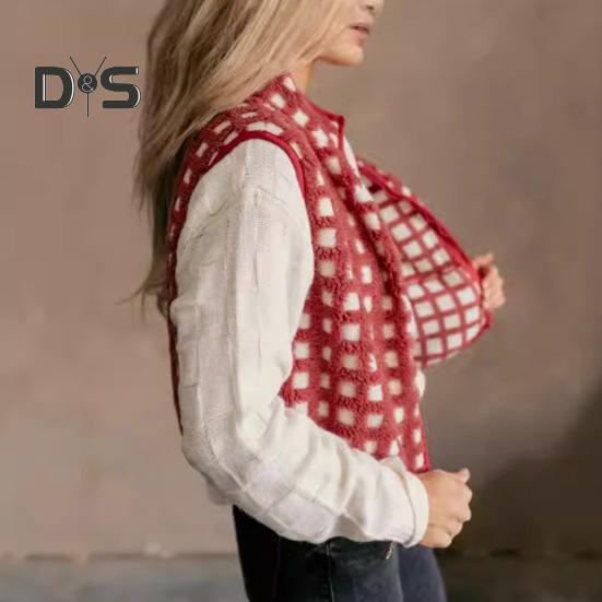 Women Vest Jacket Stand-up Collar Contrast Color Sleeveless Checked Pattern Cardigan Waistcoat Zipper Closure Daily Outdoor Outerwear