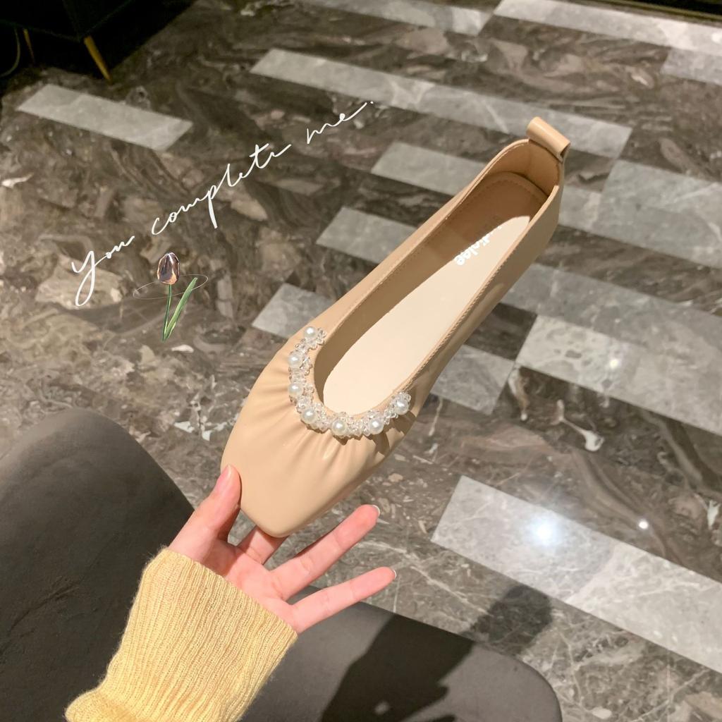 Gentle Pearl Grandmother Shoes Shallow Mouth Square Head Soft Flat Bottom Temperament Single Shoe Female Summer