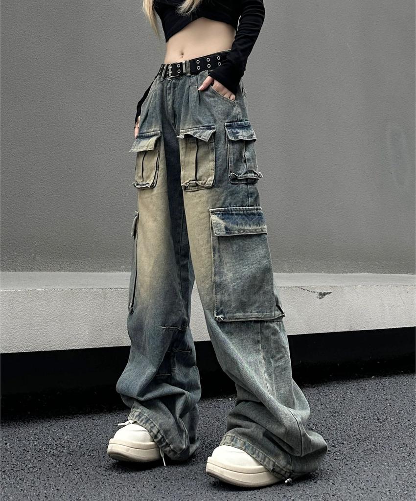 Multi-pocket Streetwear Cargo Pants Women Autumn Winter Wide-leg Washable Oversized Jeans Women Y2k Baggy Denim Pant