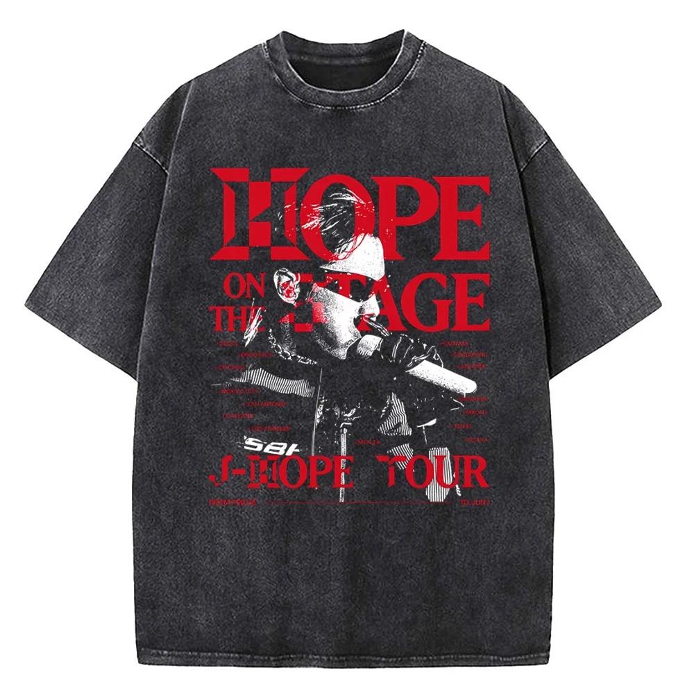 Винтажная стираная футболка JHope Hope on The Stage Tour Летние корейские смешные футболки 2024 Хлопок Харадзюку Футболка Мужская Свободные Топы