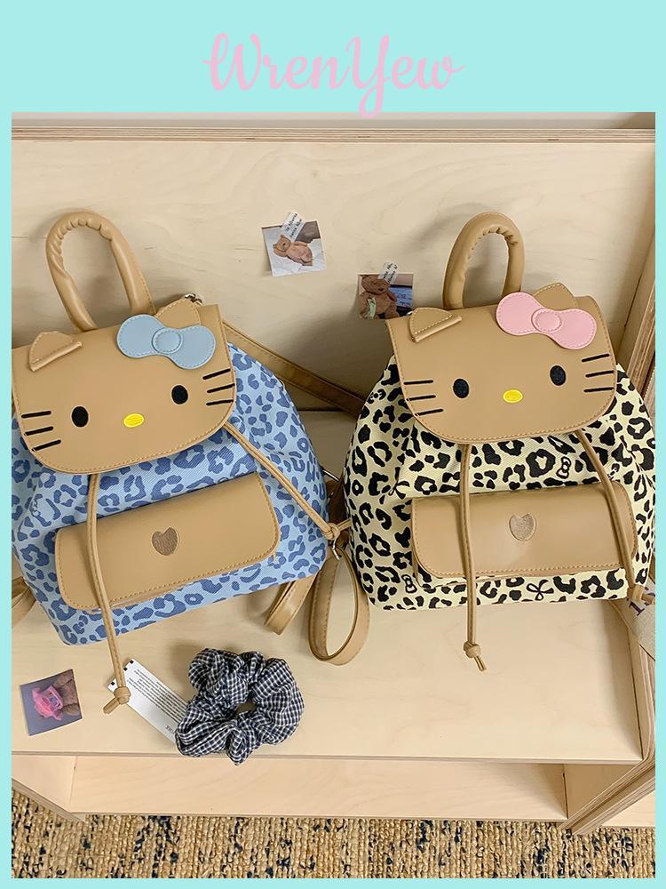 Hello Kitty Small Backpack With Leopard Pattern Pu Material For Daily Casual Use