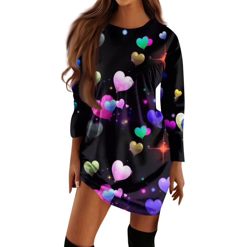 Женское повседневное модное платье-футболка с длинными рукавами и принтом на День святого Валентина, нерегулярное плиссированное платье с круглым вырезом