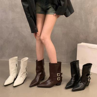 Модный дизайн Сексуальные женские ботильоны с острым носком и пряжкой на ремне Модные ботинки на толстом каблуке с боковой молнией Новые ботинки для брюк Вечерняя обувь