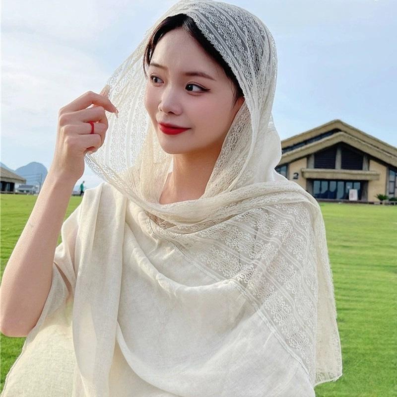 Шарф в стиле пэчворк с кружевом в корейском стиле - Женский весенне-осенний платок из хлопка и льна