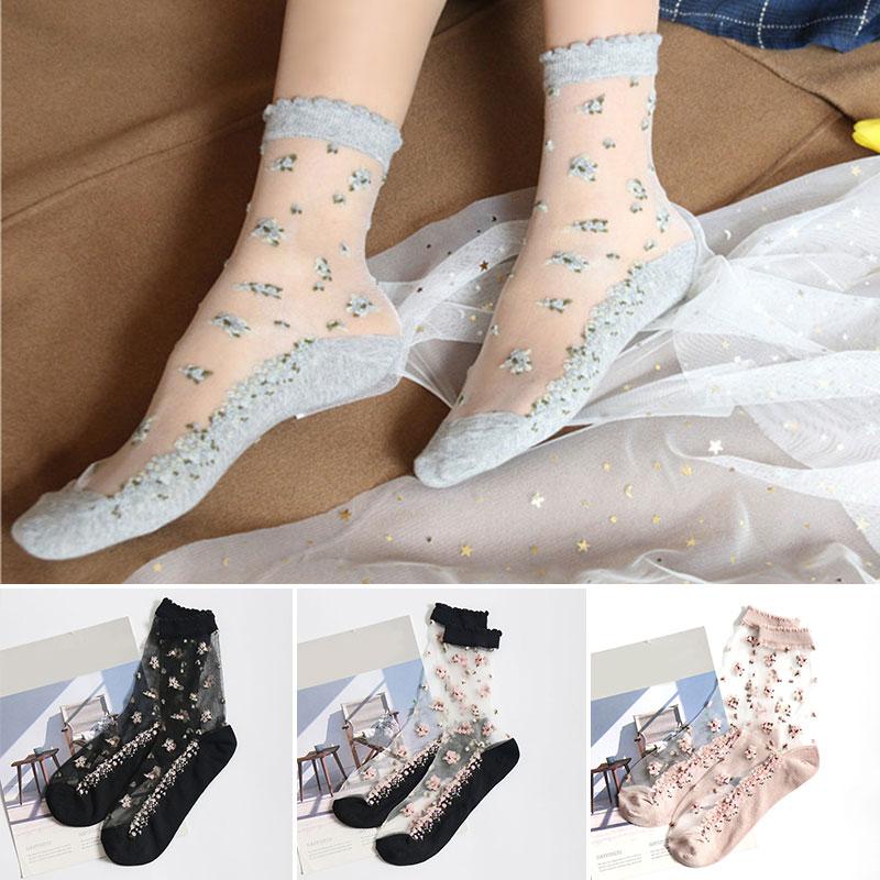 Women's Elastic Cotton Socks Transparent Floral Summer Thin Sheer Non-slip