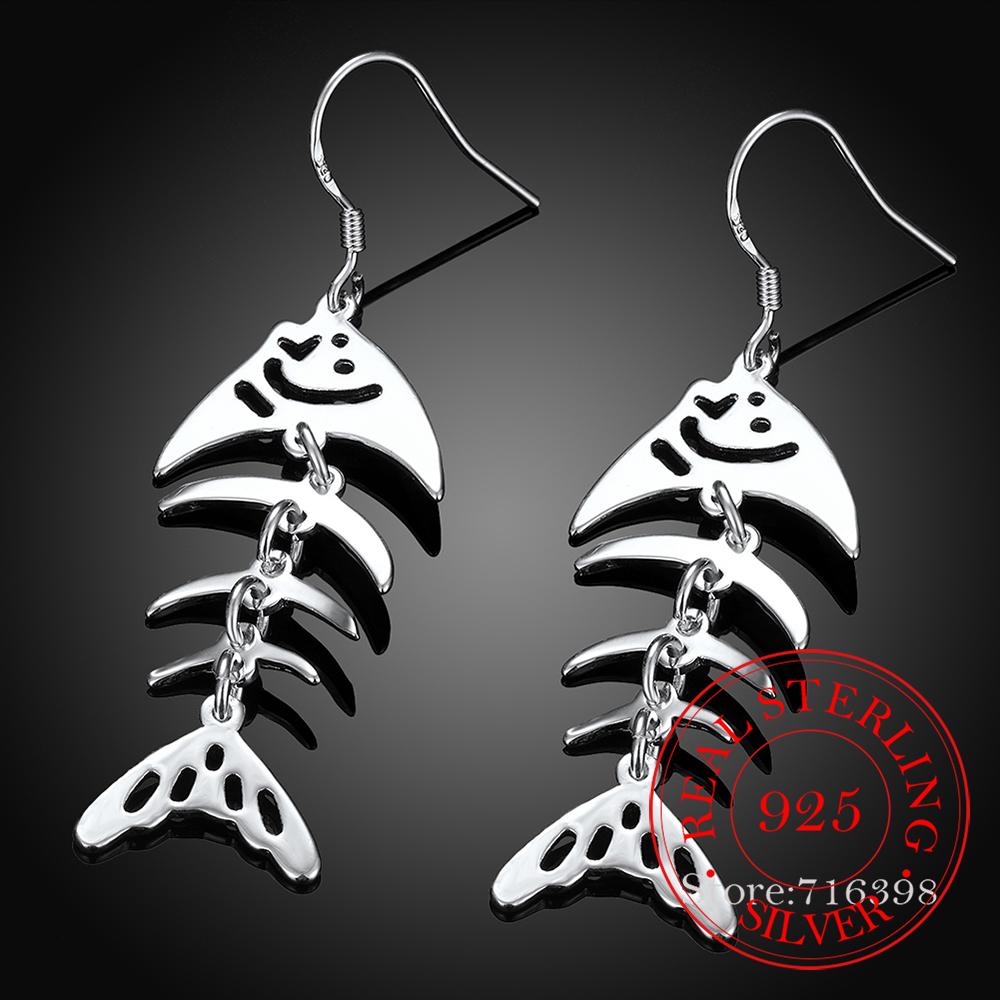 Trend 925 Sterling Silver Earrings for Women Fashion Fish Skeleton Long Drop Earring Hanging Jewelry Brincos Feminino