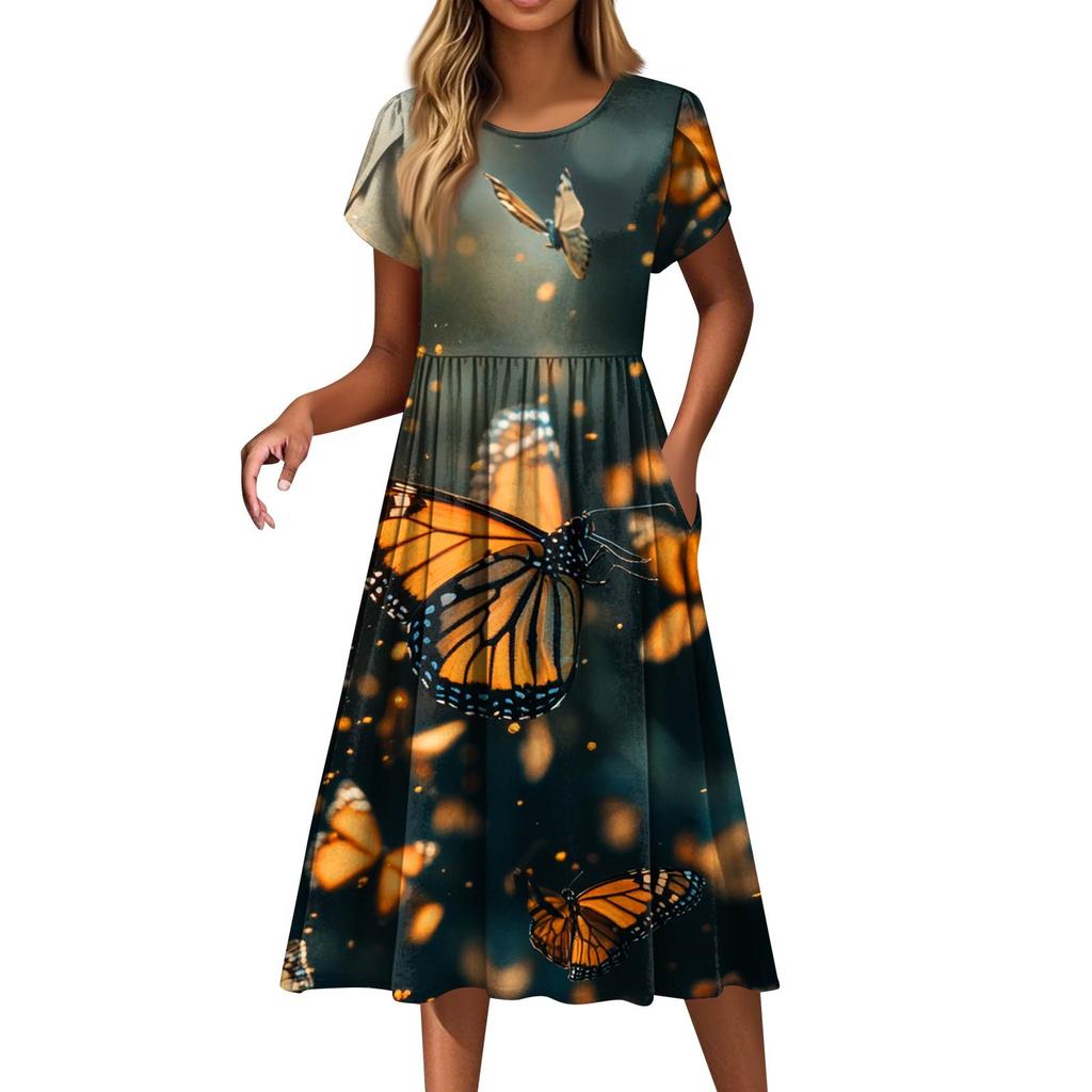 Women's Fashion Casual Loose Printed Round Neck Pocket Short Sleeve Dresses