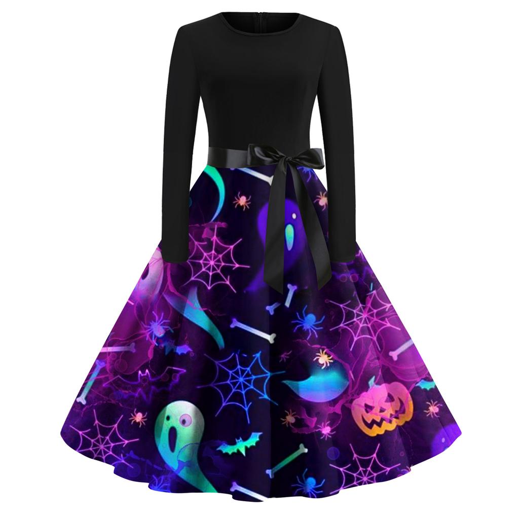 Женское расклешенное платье с принтом на Хэллоуин для женщин, платье с длинным рукавом, вечерние повседневные платья