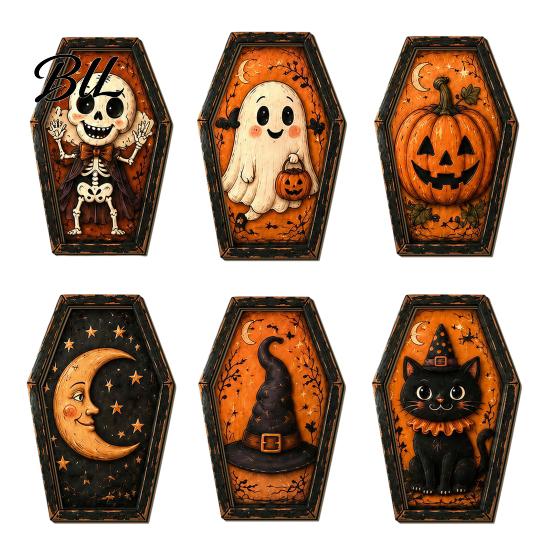 Pumpkin Desktop Signs Vintage Halloween Wooden Table Decoration, Rustic Black Cat Ghost Skeleton Party Centerpieces Block Sign for Farmhouse