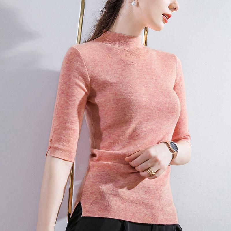 Five-quarter-sleeved Autumn Women's Clothing New Women's Clothing Medium-sleeved Top Semi-turtleneck Bottoming Shirt Women