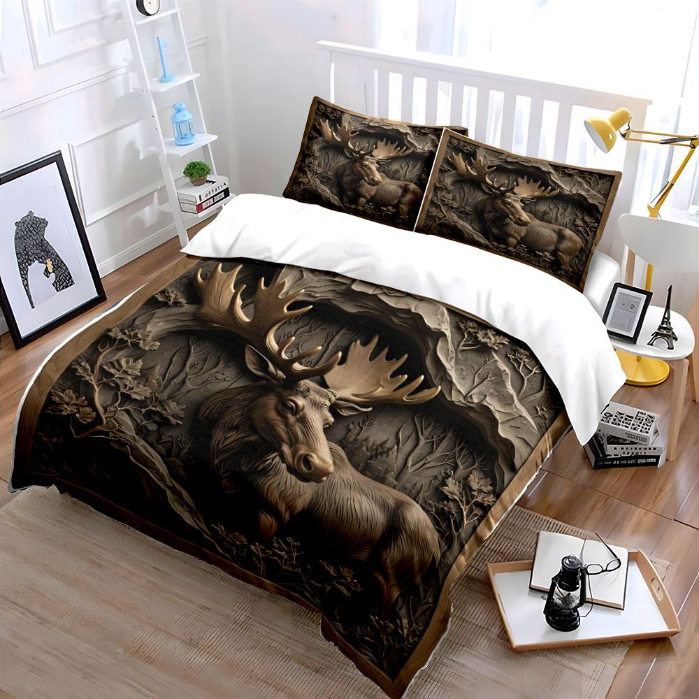 Stag in Forest Carved Design Bedding Duvet Cover Set (1*Duvet Cover 2*Pillowcases, without duvet insert)
