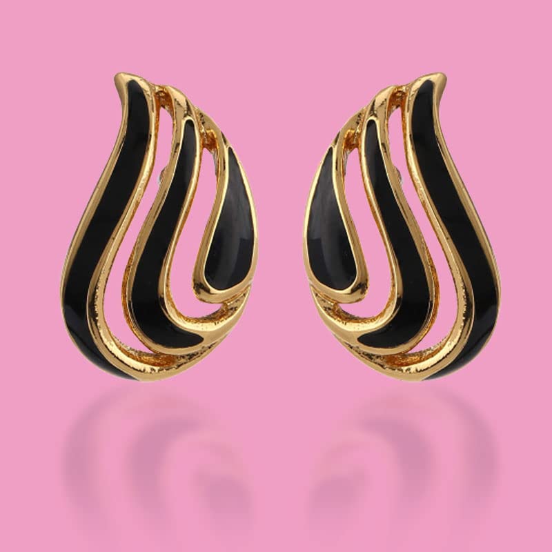 Estele Gold Plated Black Enamel Stud Earrings for Girls and Women