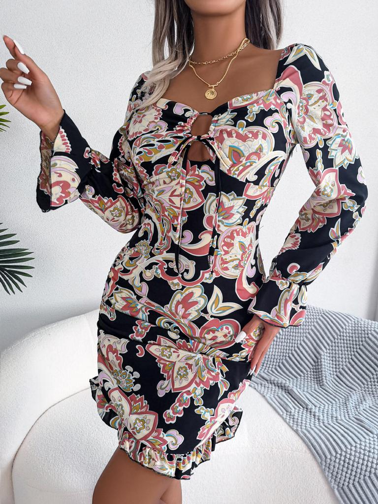 Women's New High Waisted Sexy Dress In Autumn Long Sleeved Short Skirts Printing Temperament Bag Hip Dress