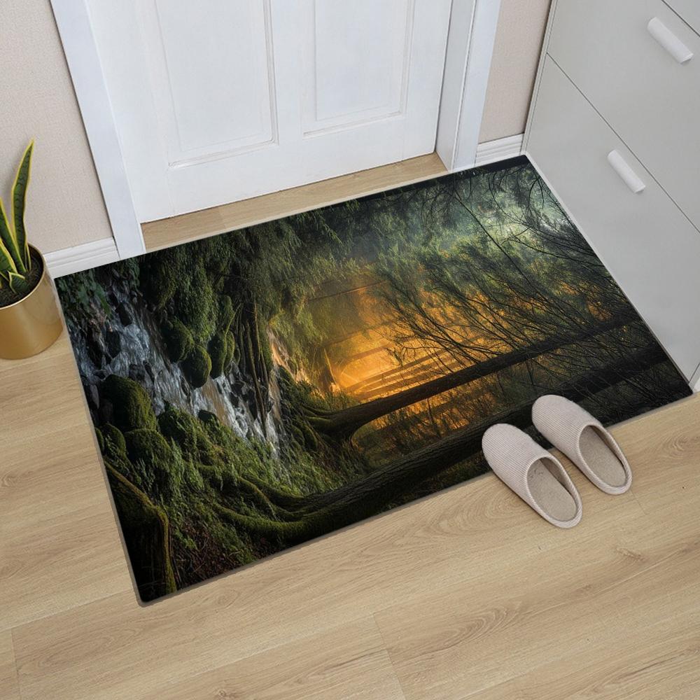 Коврик придверный с рисунком природных пейзажей, дизайны лесного ручья и горной дороги, эффект солнечного света, нескользящий коврик для пола для домашнего декора прихожей