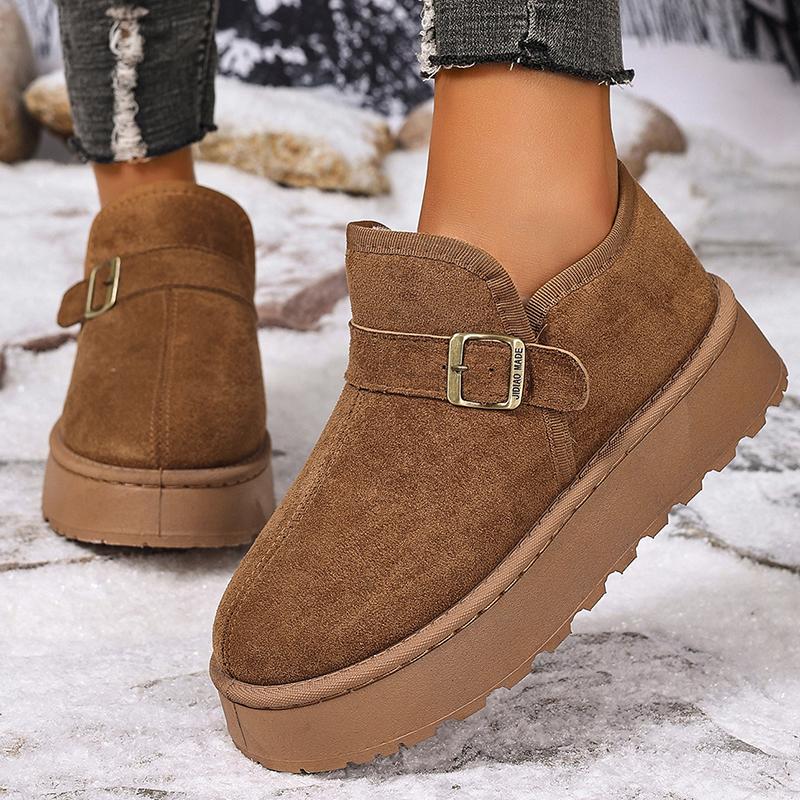 Модные зимние ботильоны на толстой подошве с пряжкой, женские 2025, из искусственной замши на платформе, женские зимние ботинки, слипоны, короткие плюшевые хлопковые туфли