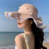 Breathable Wide Brim Sun Hat Pearl Fisherman Sunshade Cap Vacation Lace Streamers Straw Hat  Travel