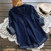 Women's Casual Denim Asymmetrical Hem Long Sleeve Buttons Pocket Tops Blouse