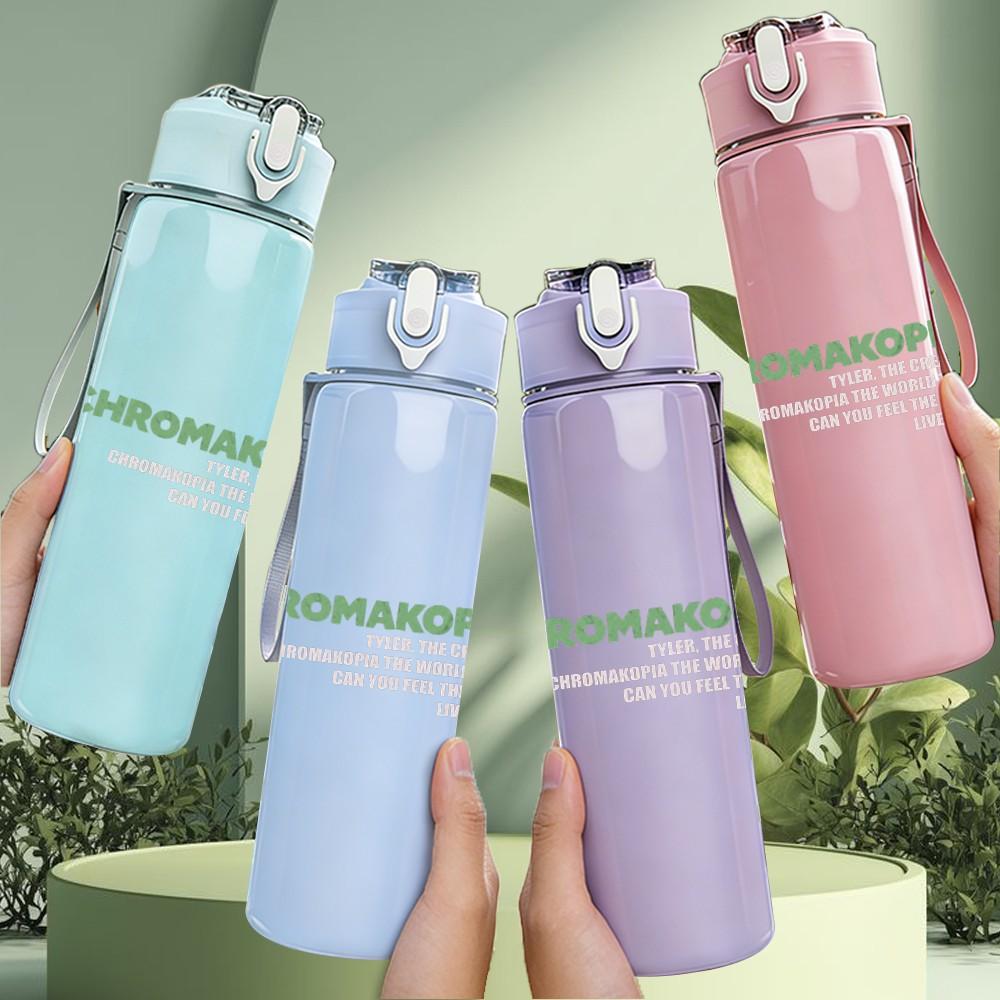 1PC Pink group female band print 750ml colorful plastic sports water bottle leakproof pop up lid with straw for outdoor work home use