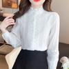 Fashion New 2024 Autumn Long Sleeve Stand Collar Lace White Chiffon Blouse Shirt Women Tops Blouses Shirts J473