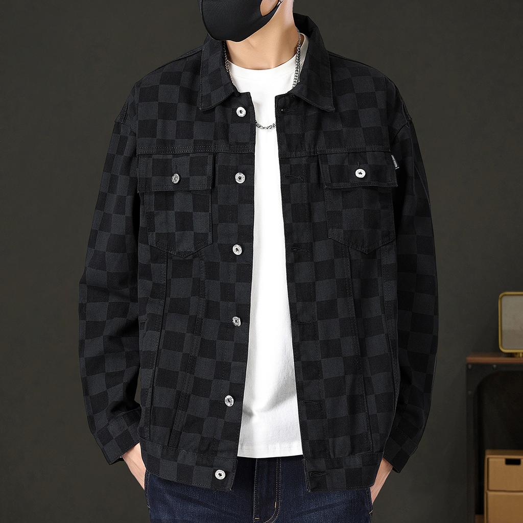 Осенняя модная куртка свободного покроя в стиле ретро с рисунком в виде шахматной доски большого размера из денима для мужчин