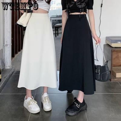 Юбка средней длины, женская летняя корейская версия, черный темперамент, тонкая высокая талия, большая распашная линия, висячая юбка средней длины