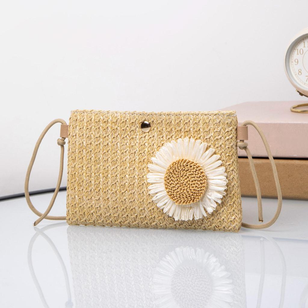 Knit Flower Summer Beach Woman Khaki Clutch Rattan Woven Women Straw Bag Adjustable Shoulder Bag Handbag CLE