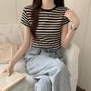 Designed Contrasting Striped Round Neck Slim Short-sleeved T-shirt for Women Summer Simple Short Right Shoulder All-match T-shirt Top