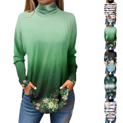 Футболки для женщин, осенние повседневные рубашки с длинными рукавами, толстовка с винтажным принтом, топ с высоким воротом, пуловер