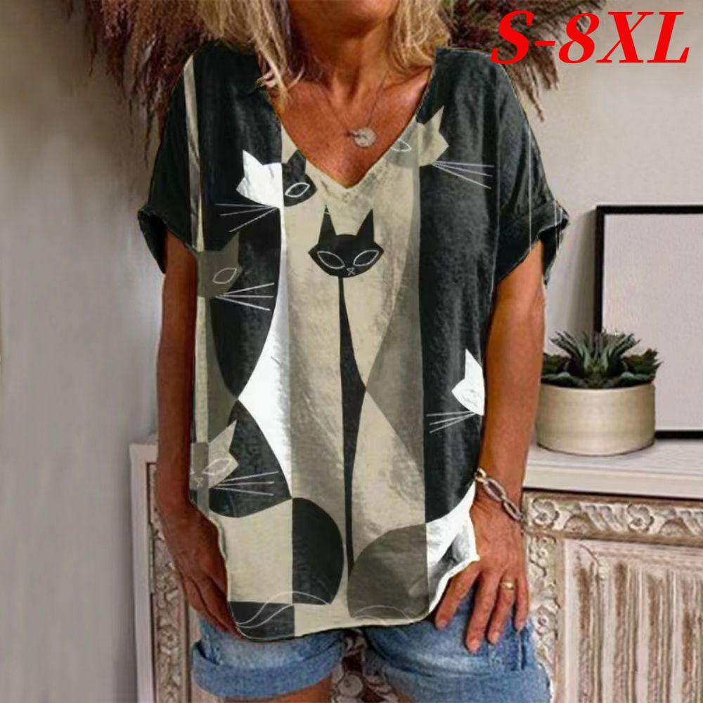 S-8XL Плюс Размер Модная женская футболка Женская футболка с принтом животных и кошек с V-образным вырезом Женская одежда Большие летние повседневные топы Футболки