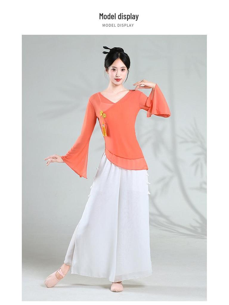 Женские двухслойные белые шифоновые танцевальные кюлоты - Широкие струящиеся брюки для практики классического китайского танца