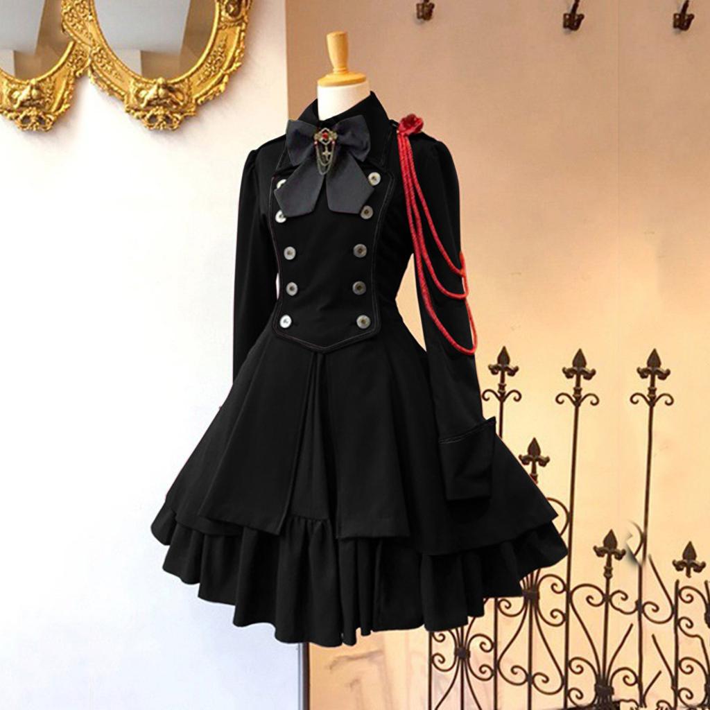 Plus Size 5XL Gothic Lolita Party Dresses Women Elegant Bow Collar Pleated Lace Up Ruffles Dress Medieval Retro Princess A Line