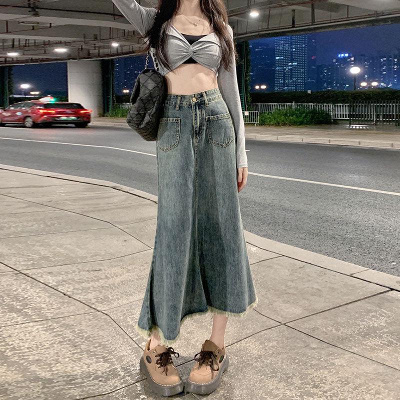 Элегантная женская летняя корейская юбка-трапеция с высокой талией, тонкая юбка-трапеция с необработанным краем, универсальная удобная модная джинсовая юбка-бюстье