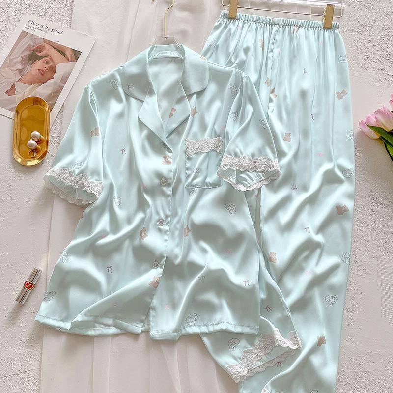 Ice Silk Pajamas Female Cute Wind Bear Summer High-End Cartoon Short-Sleeved Trousers Loungewear