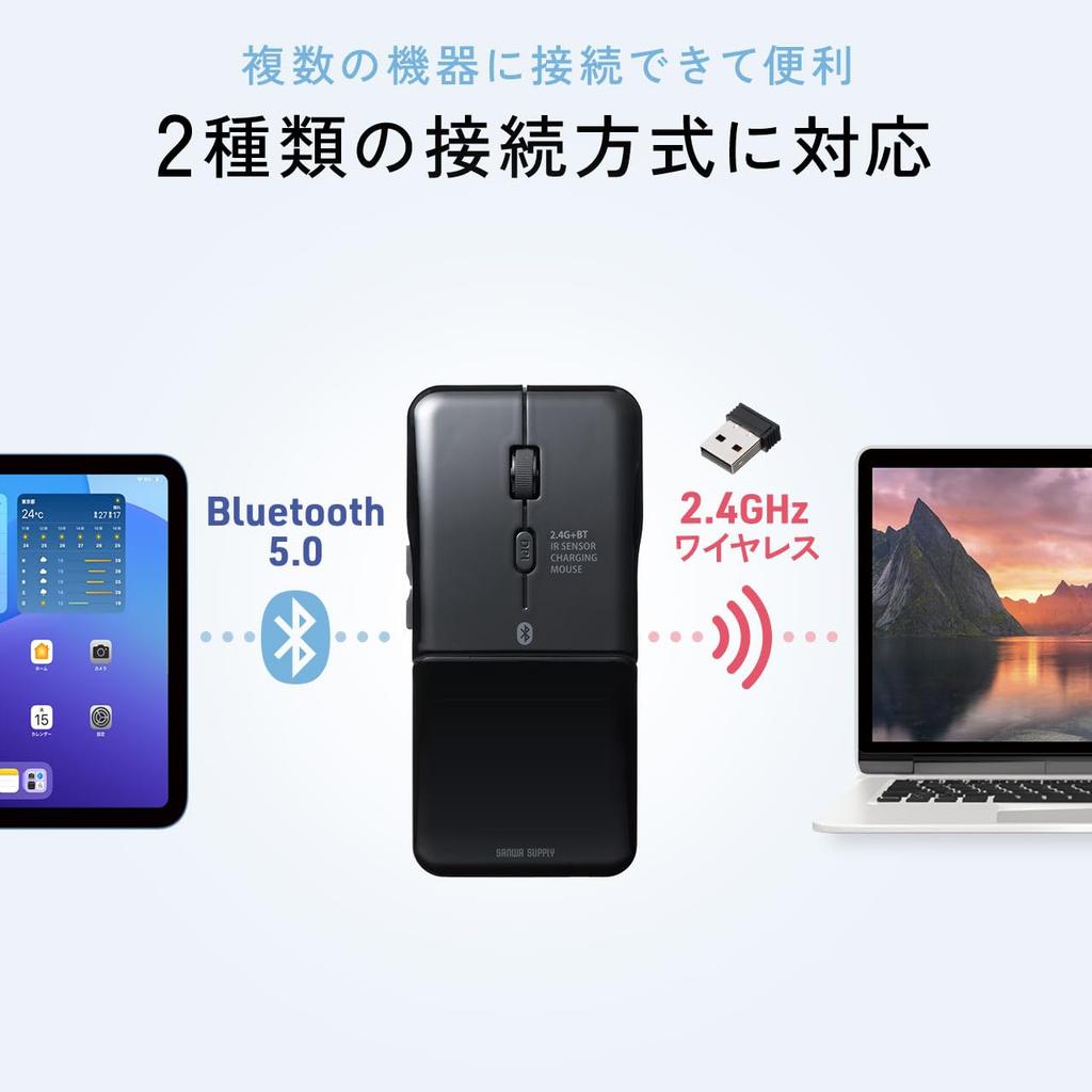 Sanwa Direct Thin Mouse Bluetooth Foldable Quiet 5 Buttons Rechargeable Wireless Portable Compact Side Button Black / 2.4GHz USB-C Multi-Pairing