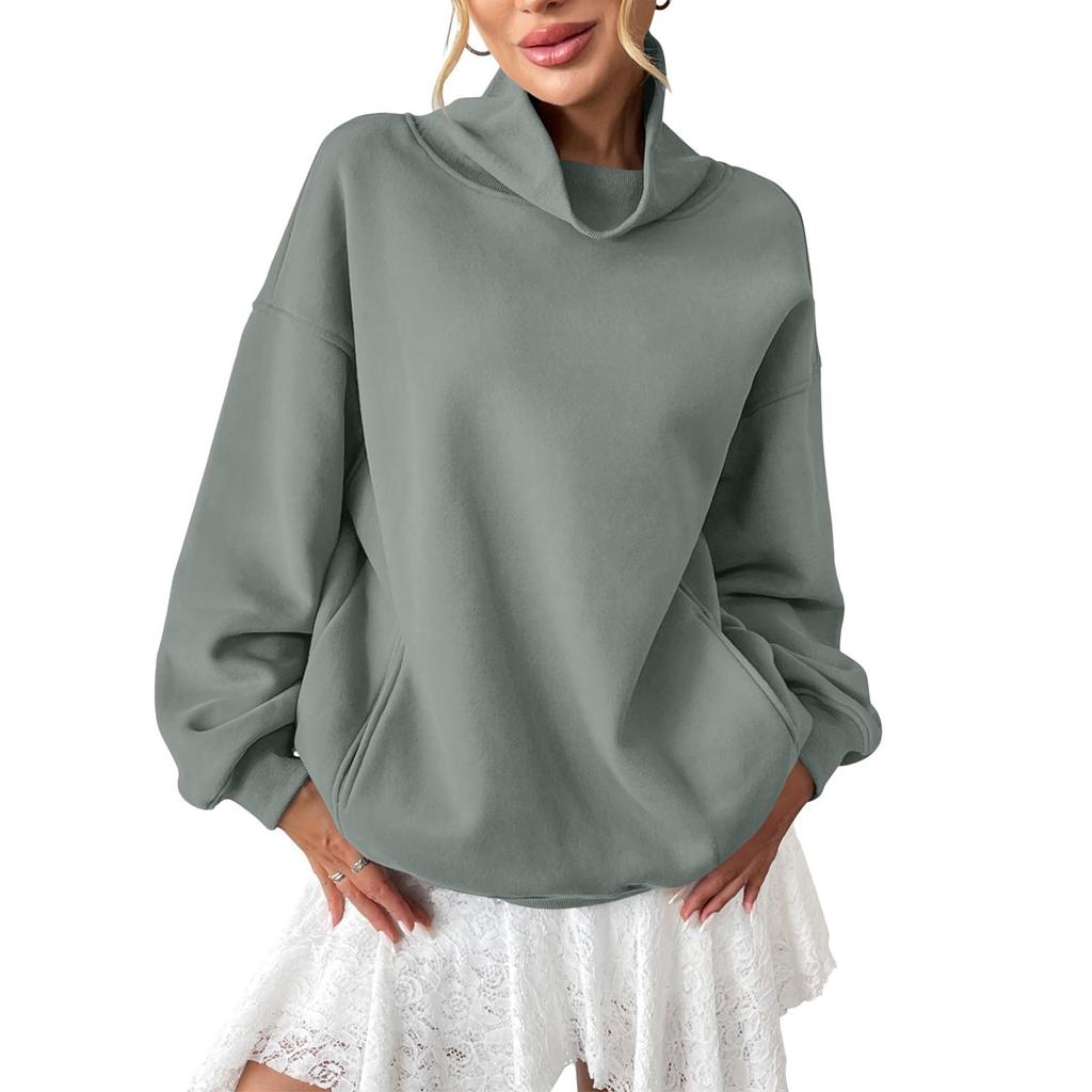 Женские флисовые свитшоты оверсайз с карманом, пуловер с высоким воротником, повседневные топы с длинным рукавом для осени, свободного кроя