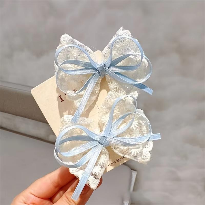 2Pcs Women Fashion Ribbon Floral Design Travel Casual Hair Accessory Elegant Hair Clip Elegant Lace Bow Hairpins