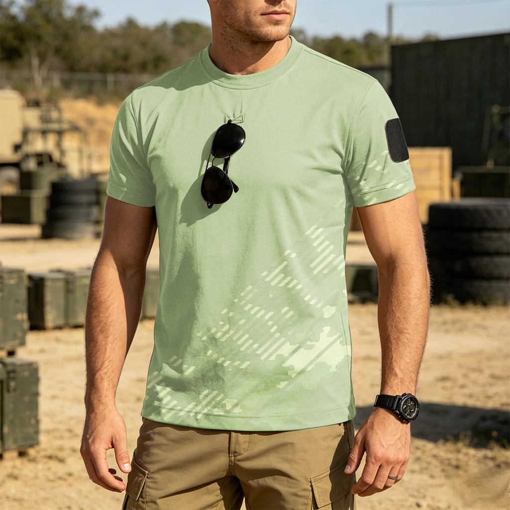 Men Tactical Crew Neck Loose Fit Breathable Outdoor Quick Dry T Shirt with Camouflage Print and Hook Loop Patch Design