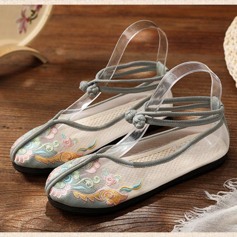 Fashion Round Toe Lace-up Flowers Designer Shoes Summer Mesh Breathable Handmade Embroidered Flats Elegant Comfort Non-slip Flat Sandals