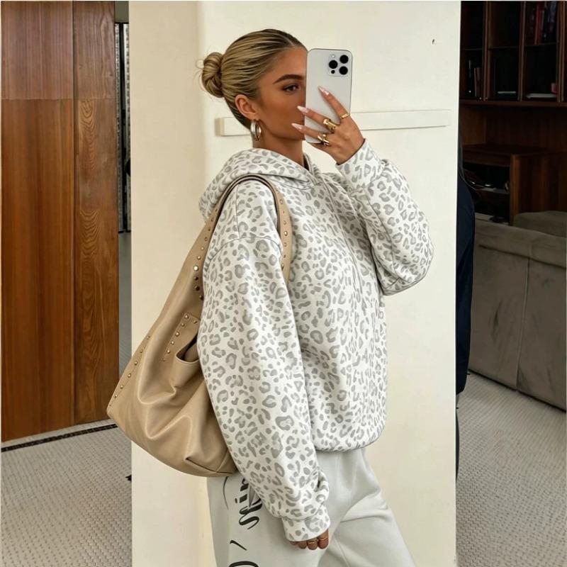 Women S Leopard Print Long Sleeve Hooded Casual Sweatshirt