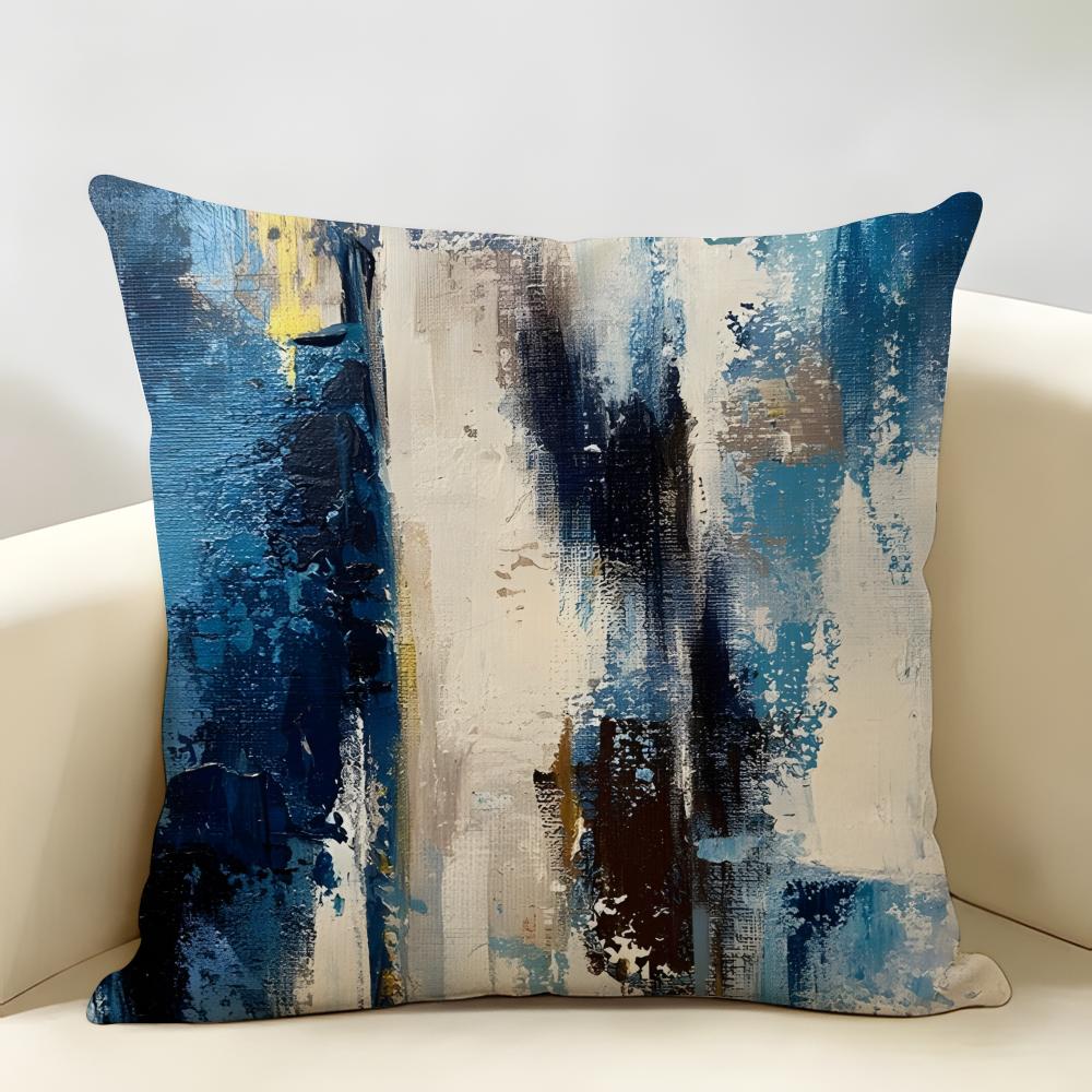 Alricc Blue Gray Abstract Art Cushion Cover Natural Linen Organic Fabric Double-Sided Printing Breathable Perfect For Home Decor