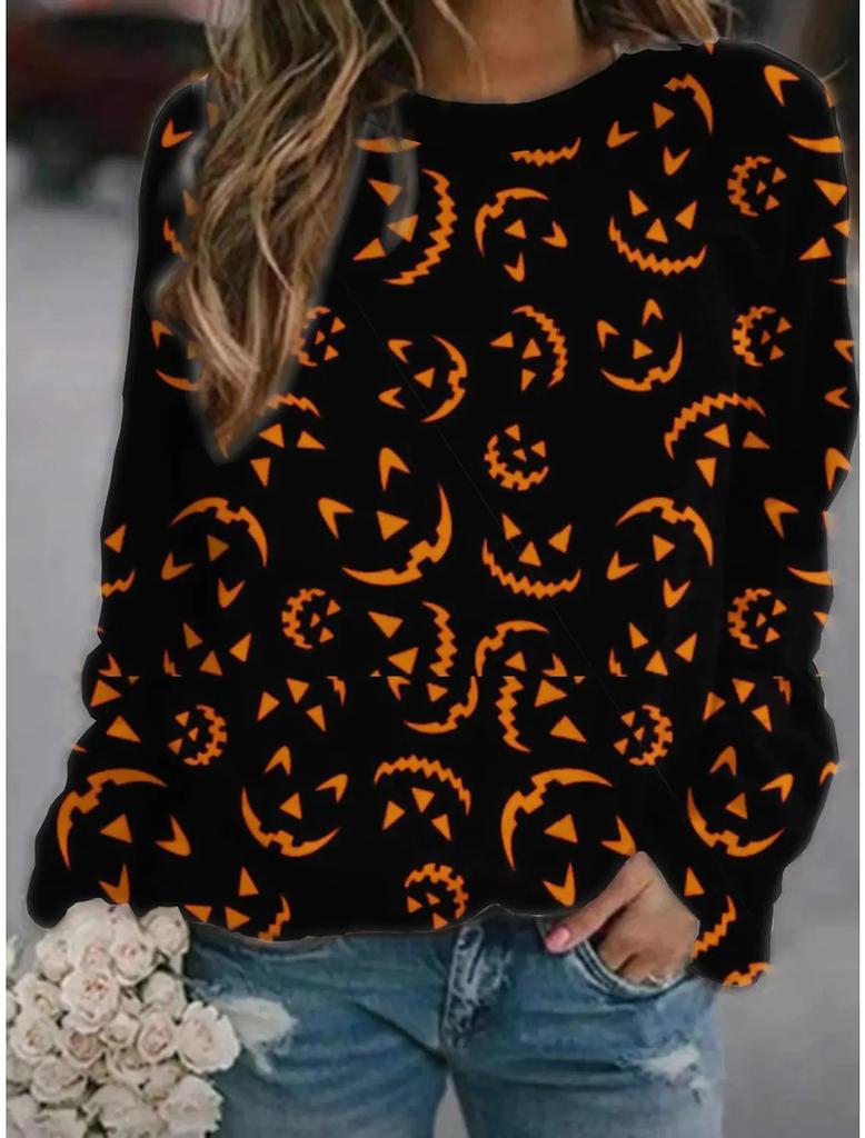 2025 Autumn and Winter Halloween Element Explosion 3D Digital Printing Women's Crew Neck Sweater