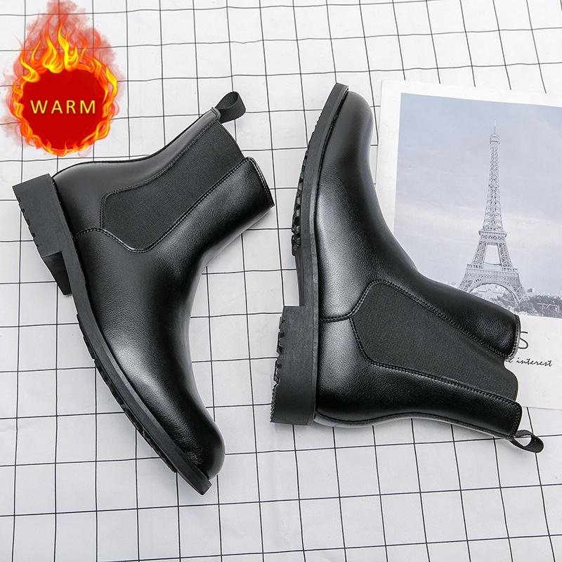 Зимние ботинки мужские коричневые высококачественные лакированные ботинки челси толстая подошва уличные ботинки для отдыха бизнес плюс мех теплые мужские ботинки