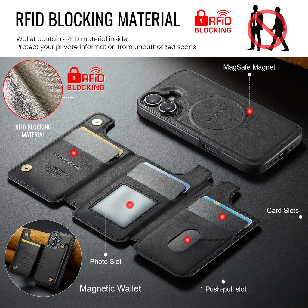 MAGKING K3 Series For iPhone 16 Case Compatible with MagSafe Wallet PC+TPU+PU Phone Cover