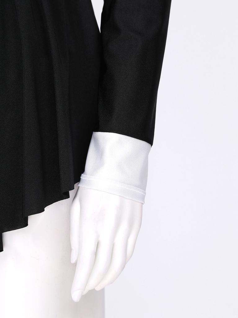 Women's Party Hostess Costume S-XXL: Stylish Contrast Tuxedo Dress Featuring Bow Buttons and Long Sleeve Ruffle Cuffs