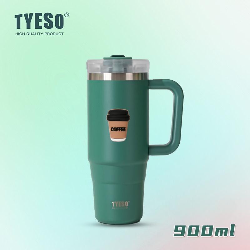 Tyeso 900ML Big Capacity Vacuum Cup With Handle Straw Stainless Steel Car Mug Thermal Iced Travel Insulated Tumbler Bottle with Coffee Sticker