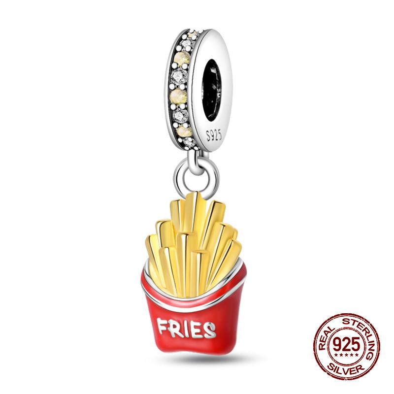 Real 925 Sterling Silver Chocolate Pizza Cake Fries Food Charms Beads Fit 925 Original Bracelets DIY Cute Jewelry Gifts